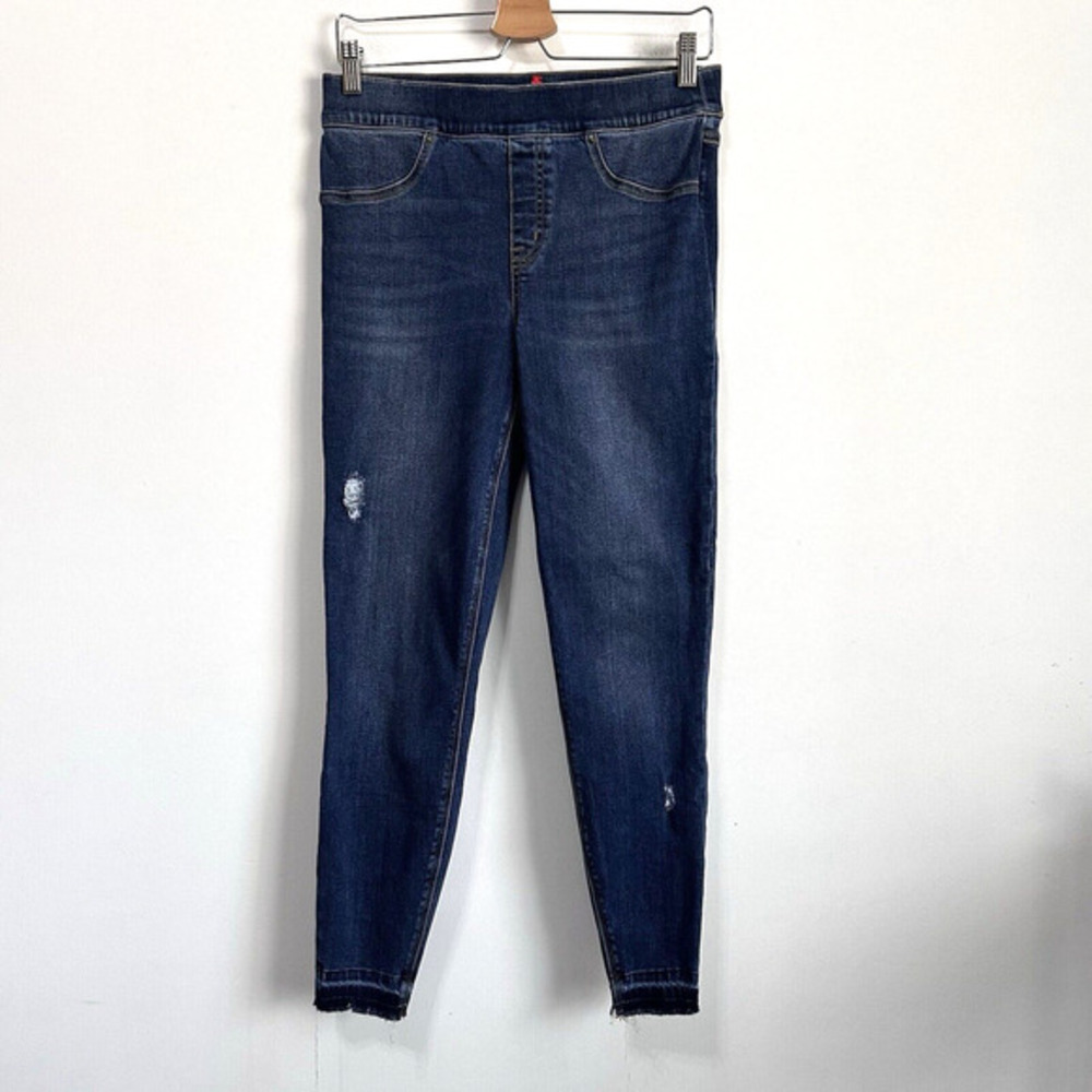 Spanx Distressed Ankle Jeans Jeggings M Pull On Released Hem Blue Stretch Skinny
